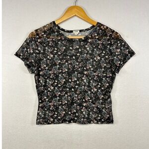 Garage Sheer Floral Mesh Crop‎ Top Short Sleeve Black Multi Size G L